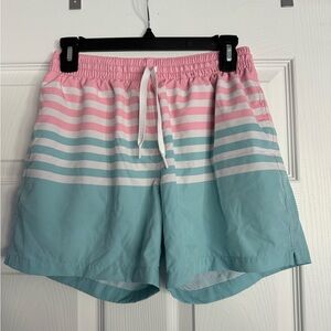 Men’s Chubbies Small Pink and Blue Striped Swim Trunks